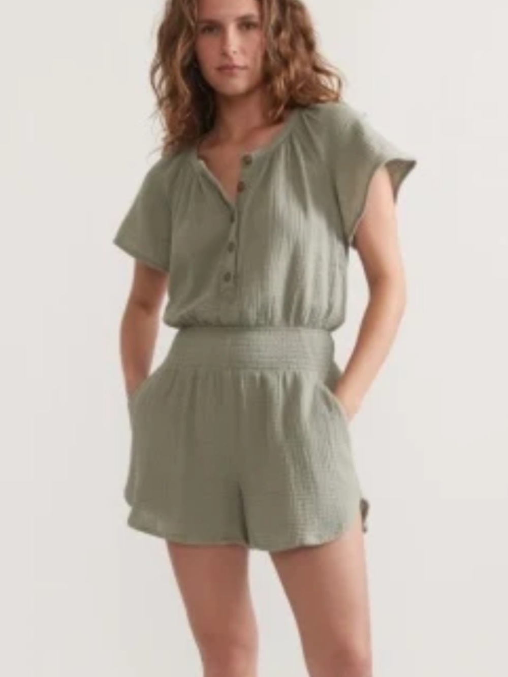 Marine Layer Bella Olive Green Cotton Double Cloth Romper